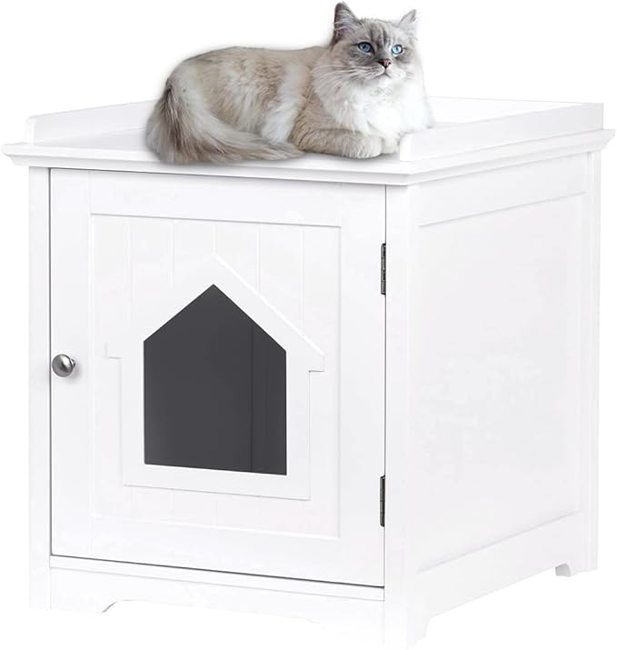 PAWLAND Cat Litter Box Enclosure, Side Table, Night Stand Pet House, Indoor, White